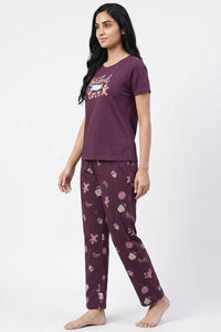 Zivame Farm Lore Knit Cotton Pyjama Set - Plum Purple — thumbnail 4